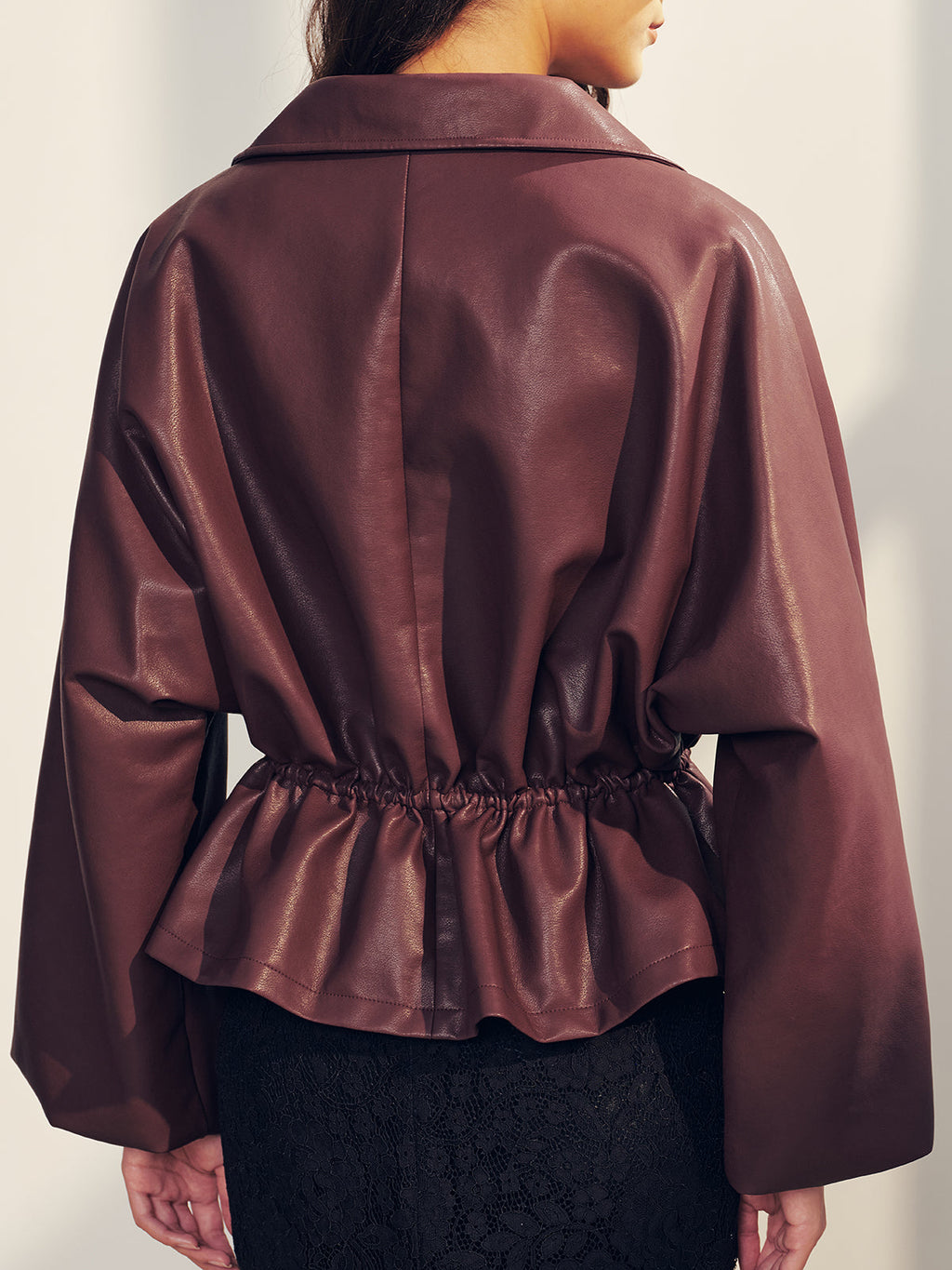 Drawstring Waist Faux Leather Jacket