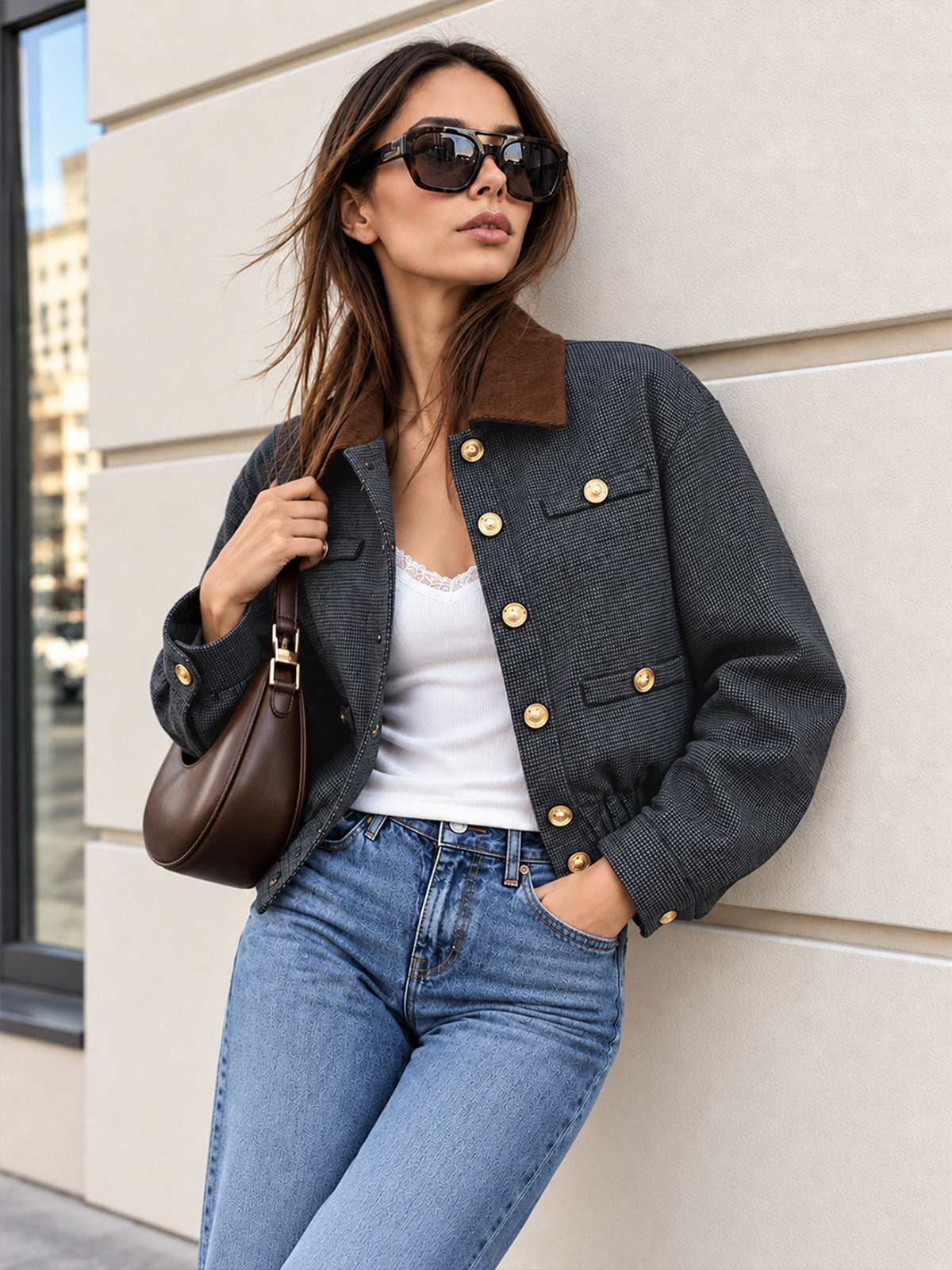 Corduroy Collar Houndstooth Wool Blend Jacket