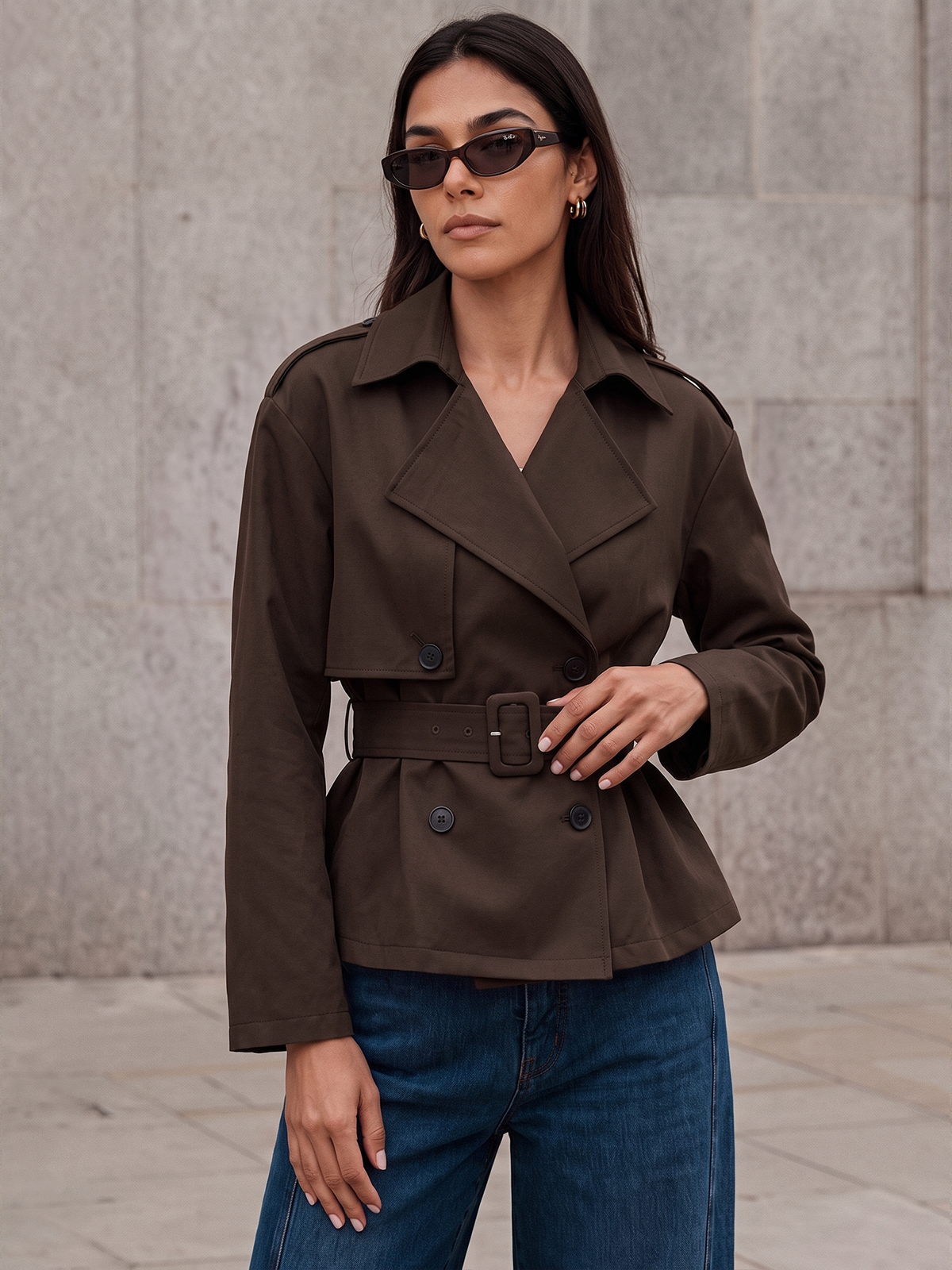 ‌Loose‌ Double‑Breasted Belted Trench Jacket
