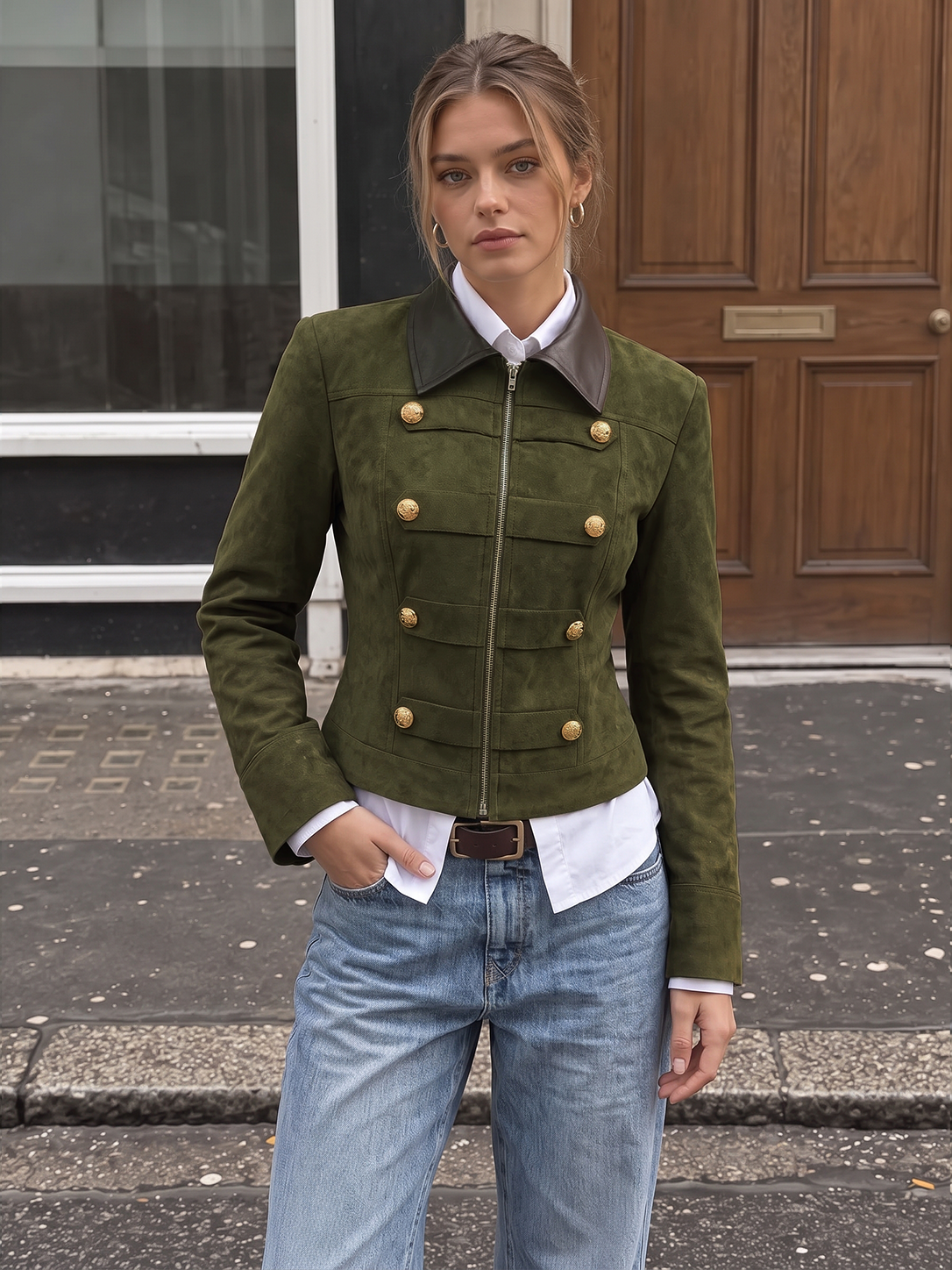 PU Collar Napoleon Style Suede Effect Jacket