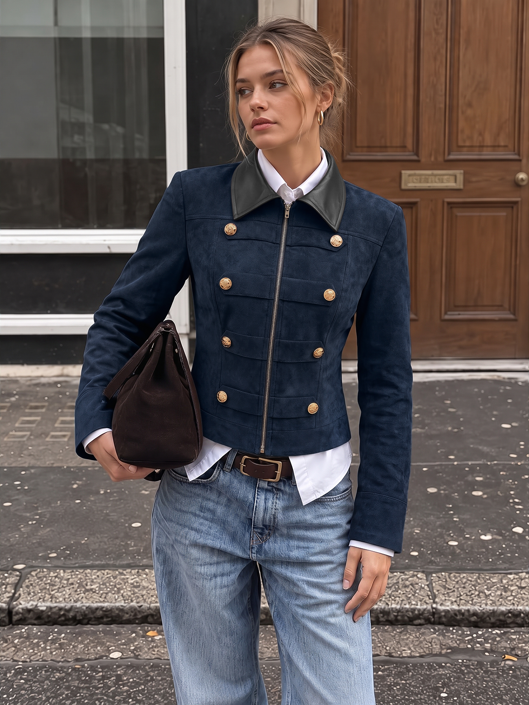 PU Collar Napoleon Style Suede Effect Jacket