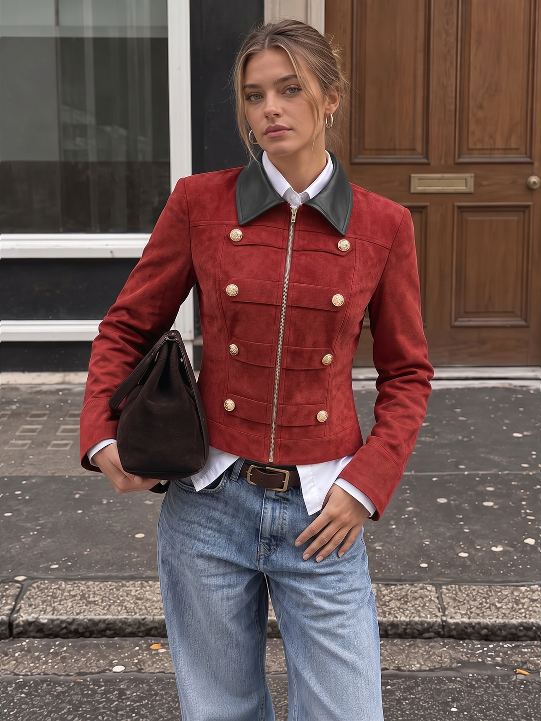 PU Collar Napoleon Style Suede Effect Jacket