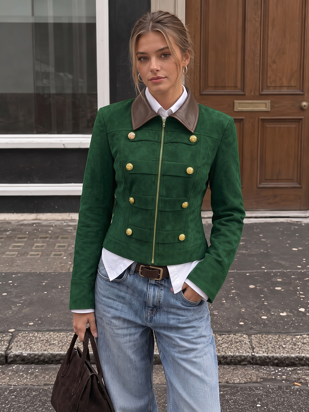PU Collar Napoleon Style Suede Effect Jacket