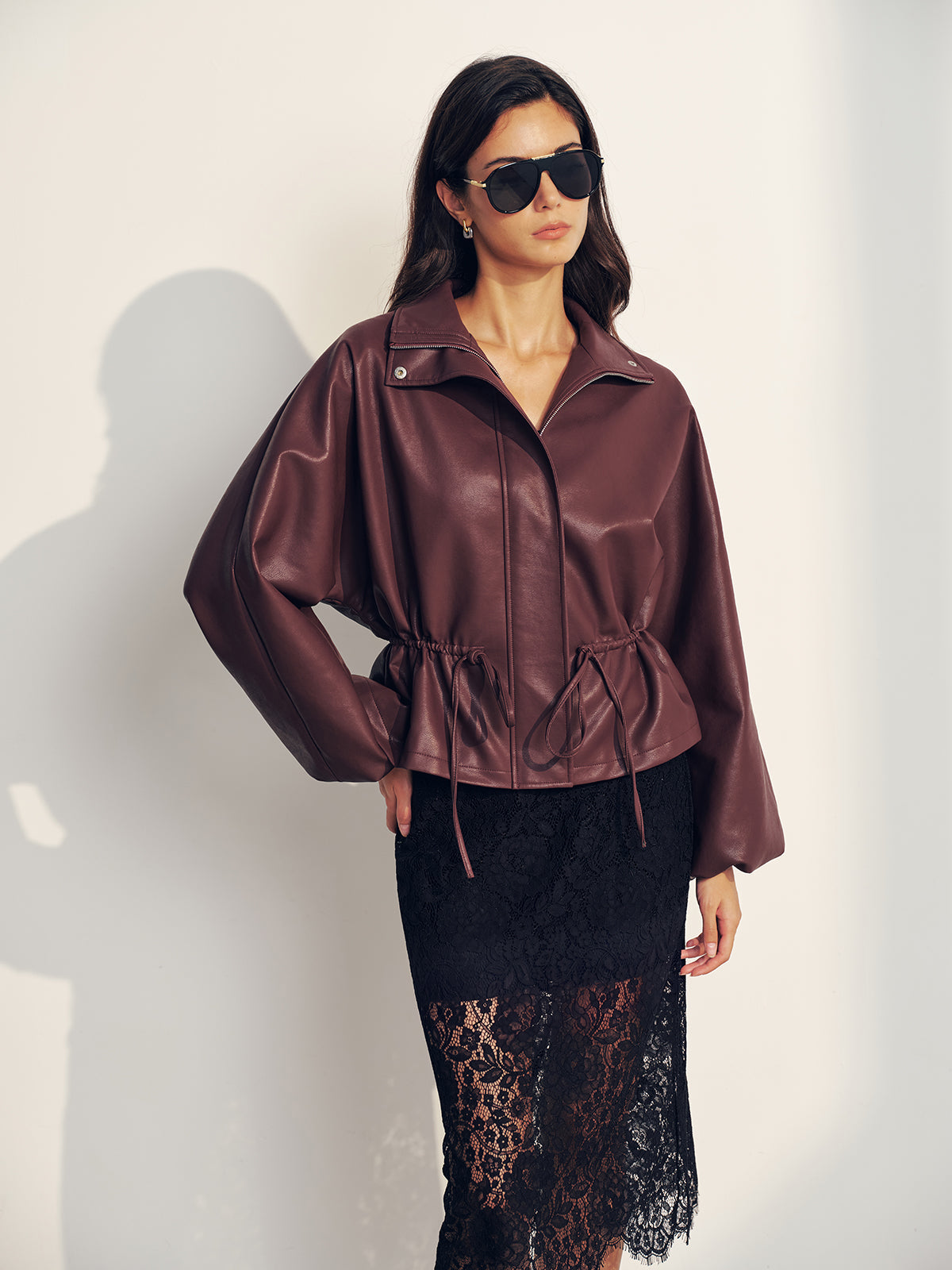 Drawstring Waist Faux Leather Jacket