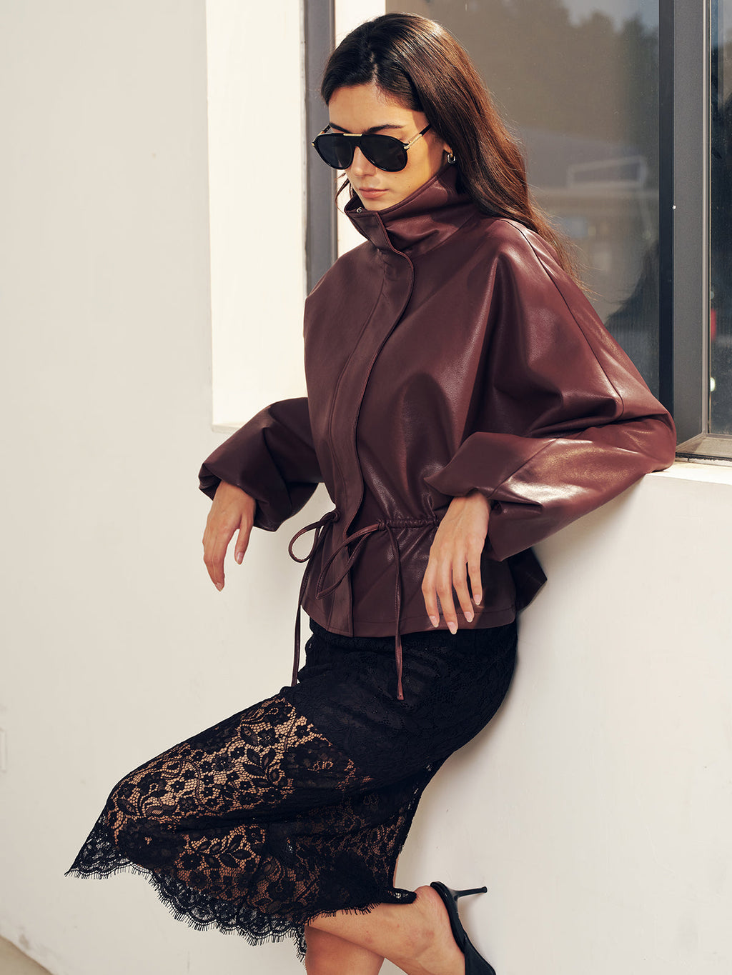 Drawstring Waist Faux Leather Jacket