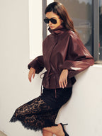 Drawstring Waist Faux Leather Jacket