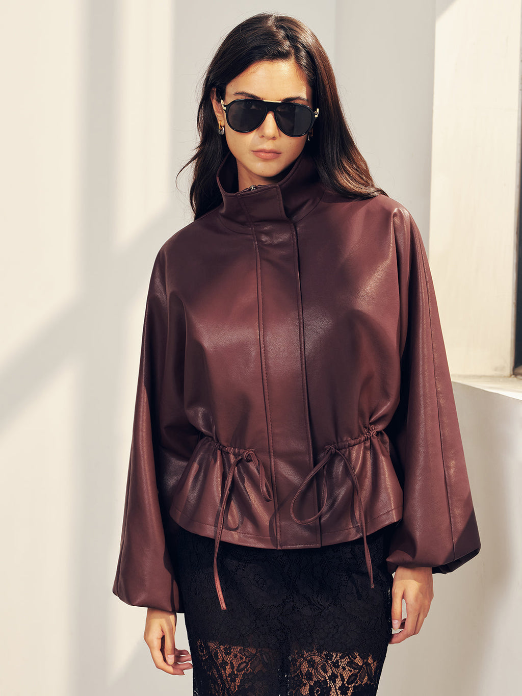 Drawstring Waist Faux Leather Jacket