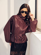 Drawstring Waist Faux Leather Jacket