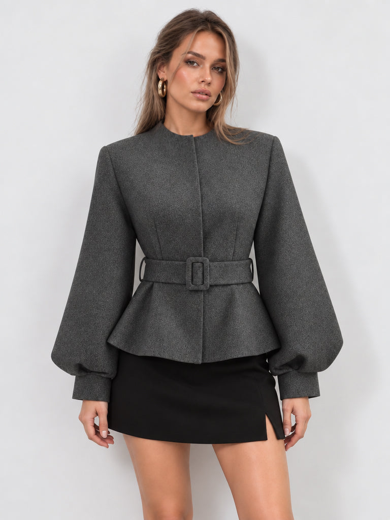 ‌Belted Peplum High Wool Blend‌ Blazer