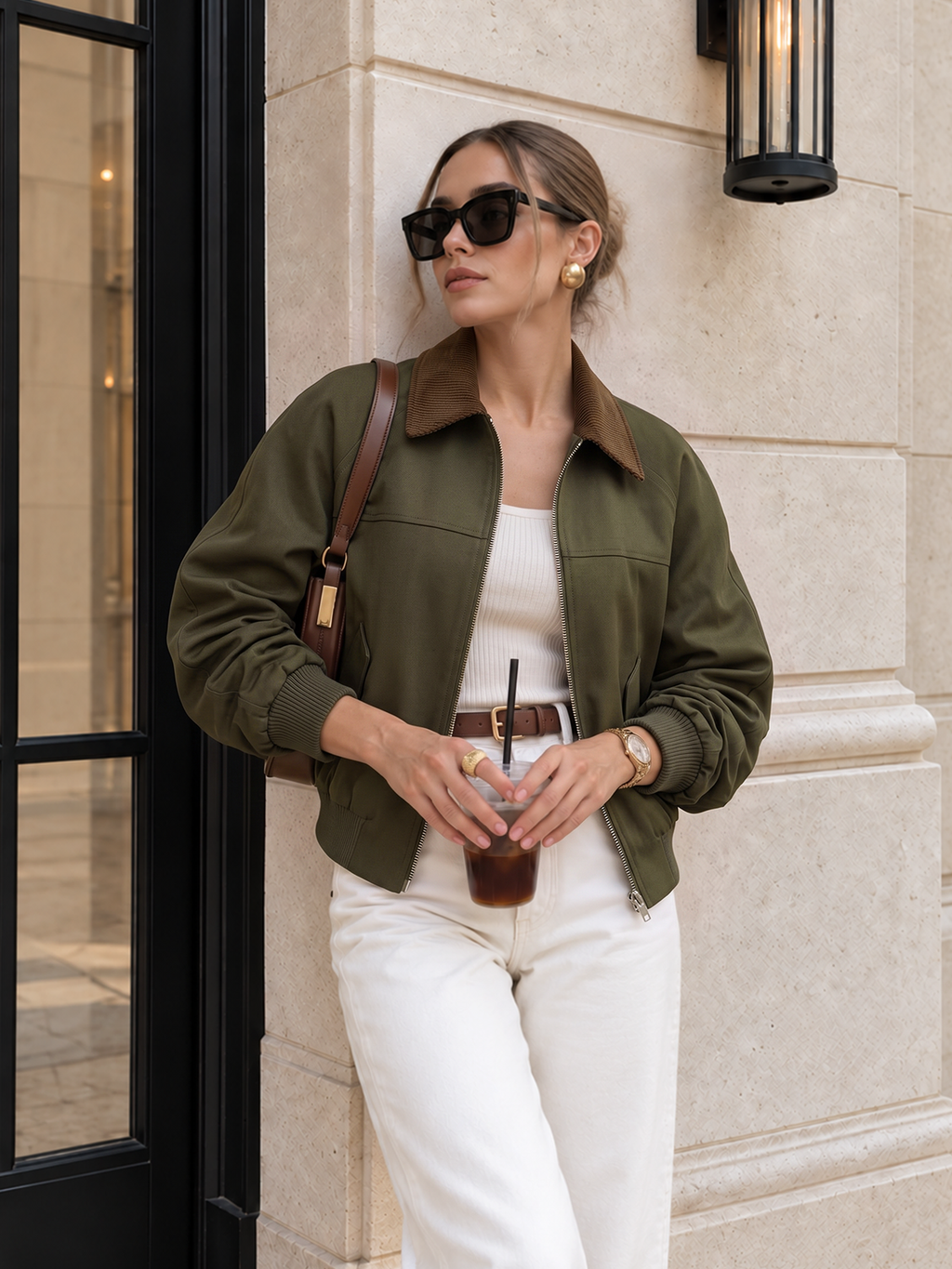 Corduroy Collar Zip Front Bomber Jacket