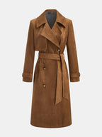 Belted Faux Suede Double‑Breasted Trench Coat