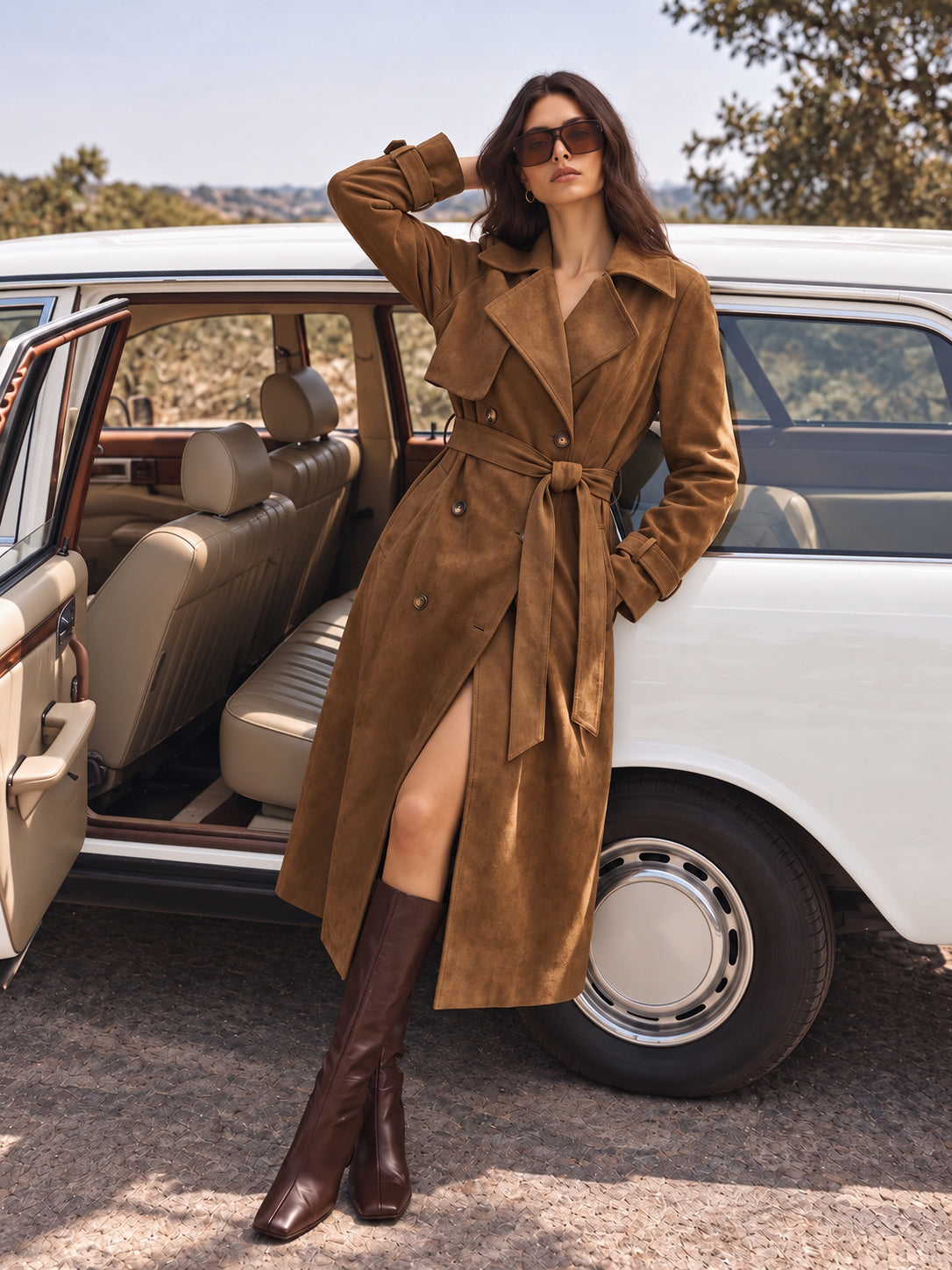 Belted Faux Suede Double‑Breasted Trench Coat