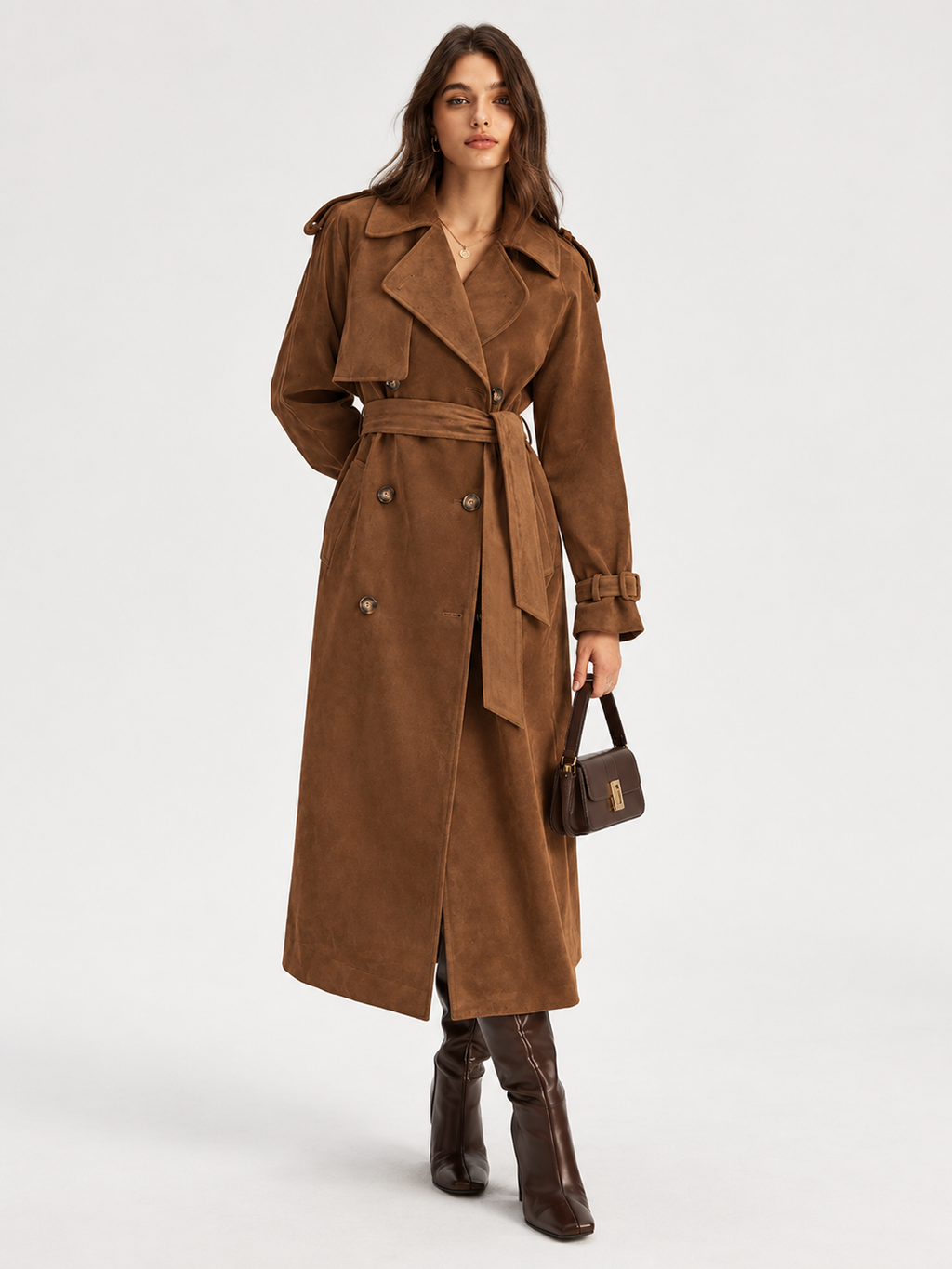Belted Faux Suede Double‑Breasted Trench Coat
