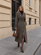 Tailored Herringbone Belted Long Coat