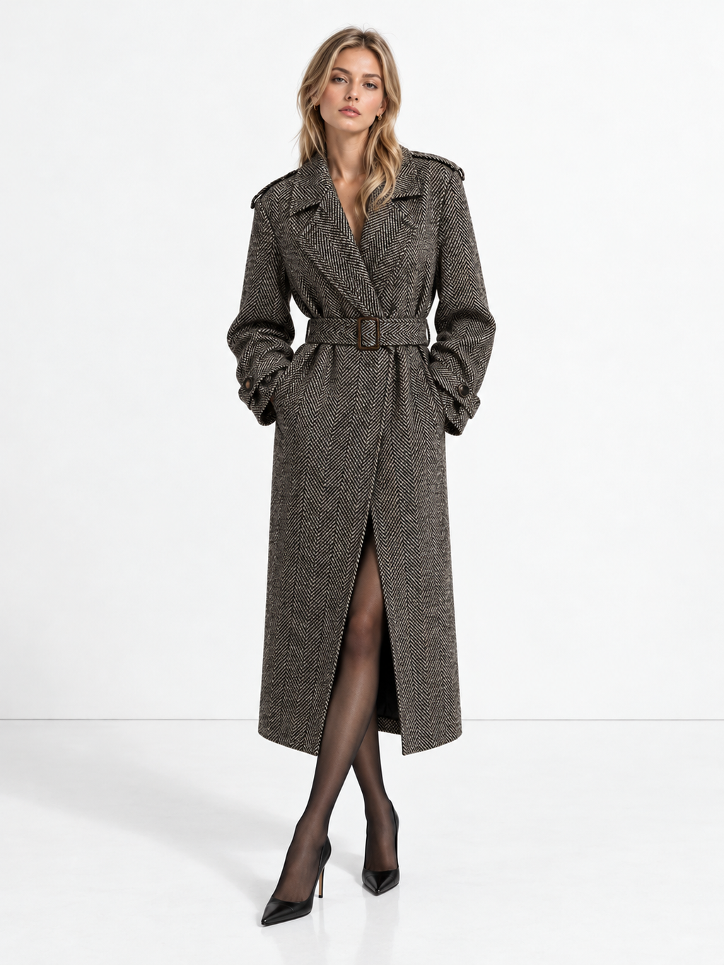 Tailored Herringbone Belted Long Coat