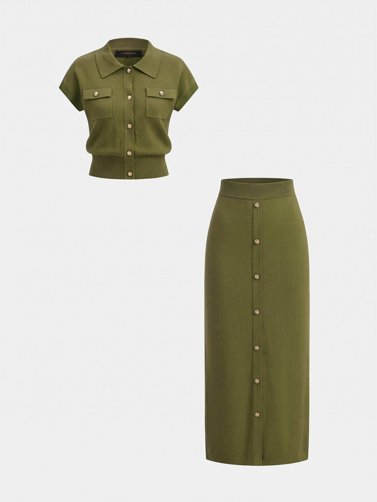Metal Button Knit Two Piece Skirt Set