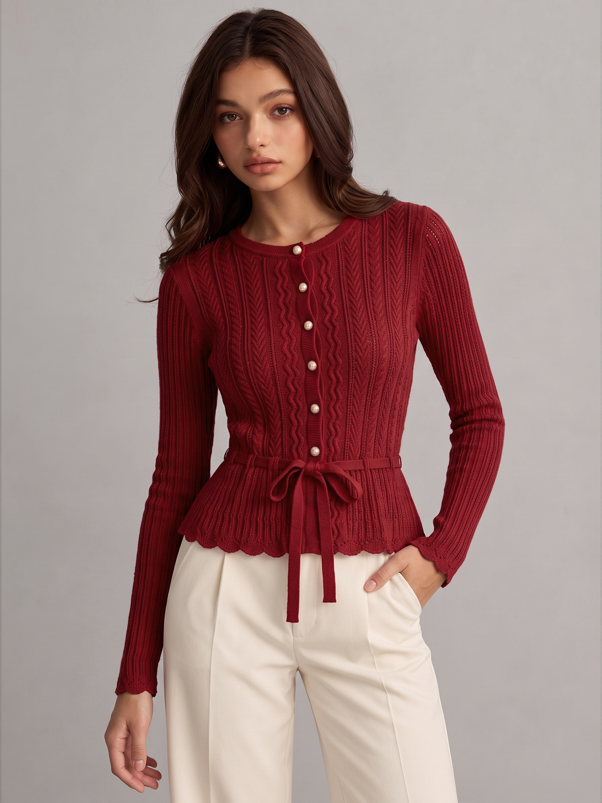 Cable Knit Tie‑Waist Scallop Hem Cardigan