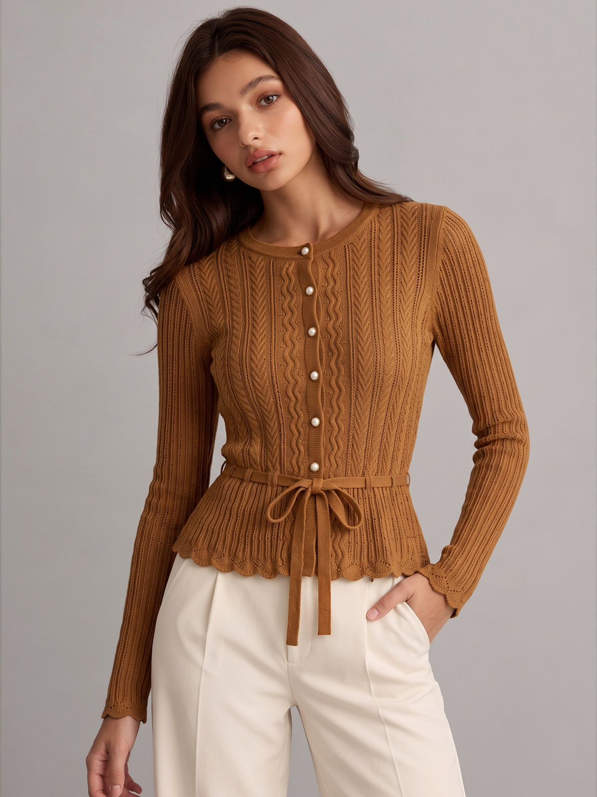 Cable Knit Tie‑Waist Scallop Hem Cardigan