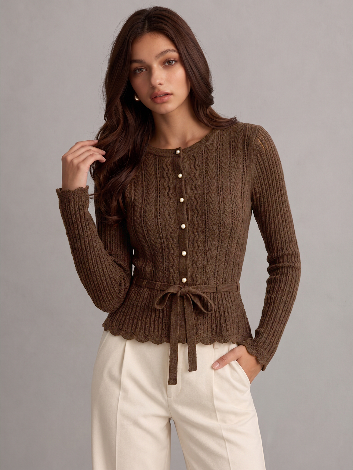 Cable Knit Tie‑Waist Scallop Hem Cardigan