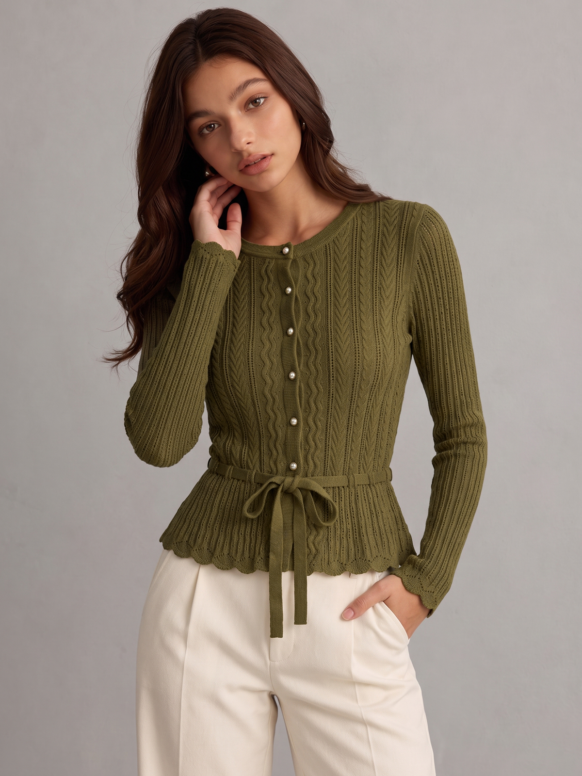 Cable Knit Tie‑Waist Scallop Hem Cardigan