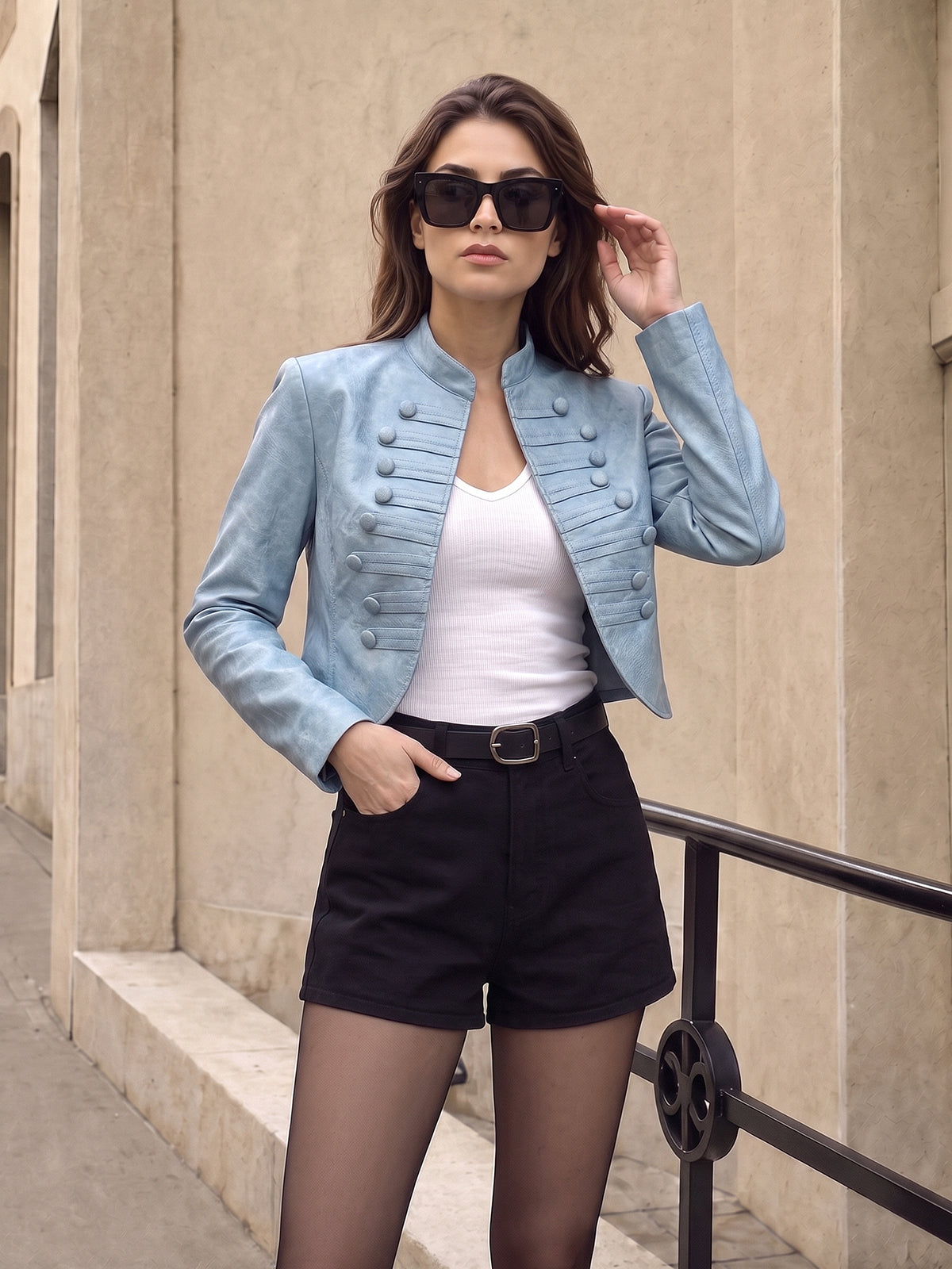 Napoleon Style Faux Leather Cropped Jacket