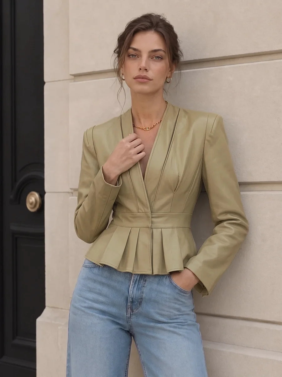 Peplum Faux Leather V Neck Jacket