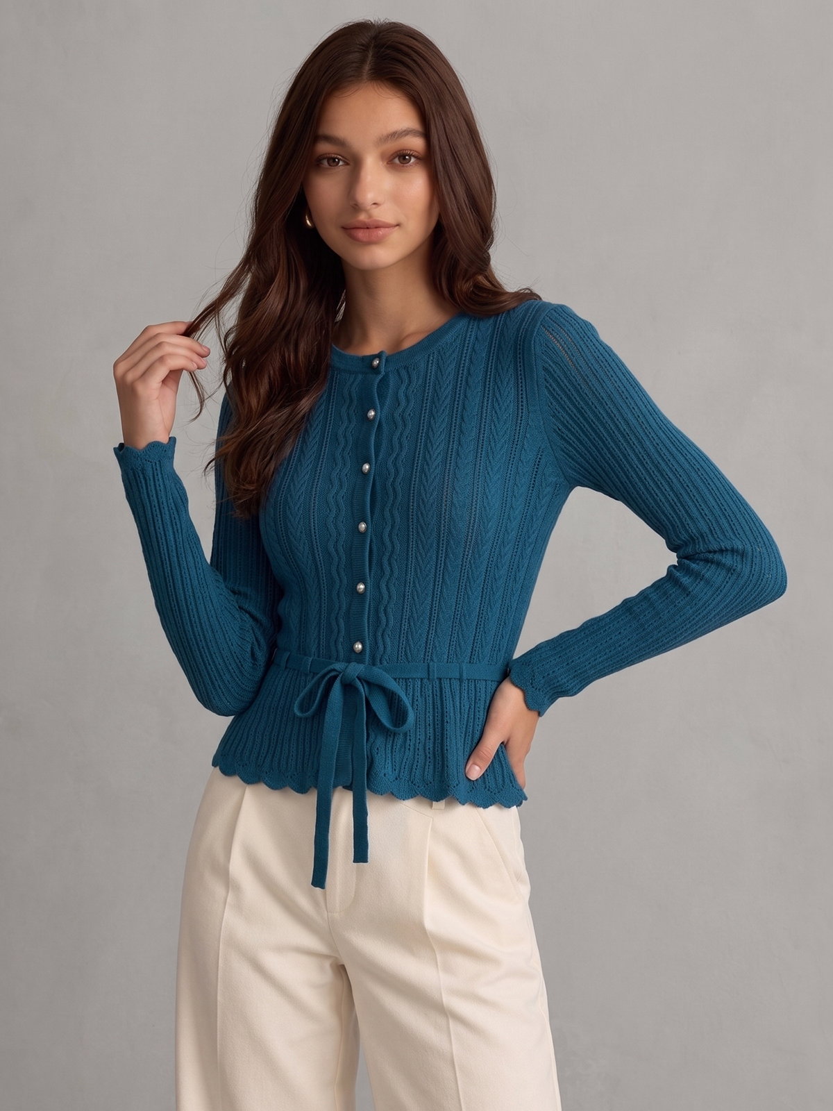 Cable Knit Tie‑Waist Scallop Hem Cardigan