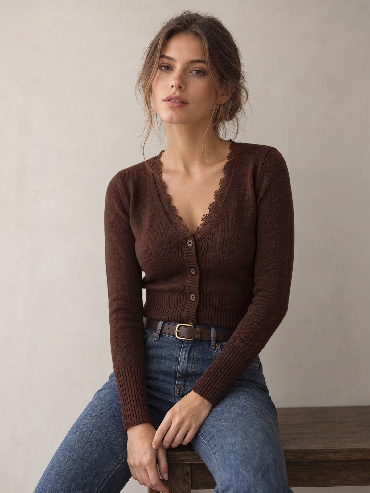 Lace Trim V-Neck Knit Sweater