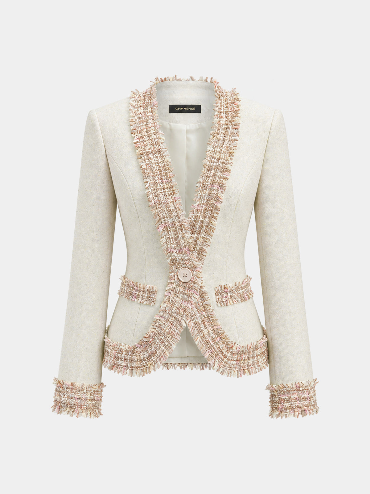 Multicolor Fringe Trim Tweed Blazer