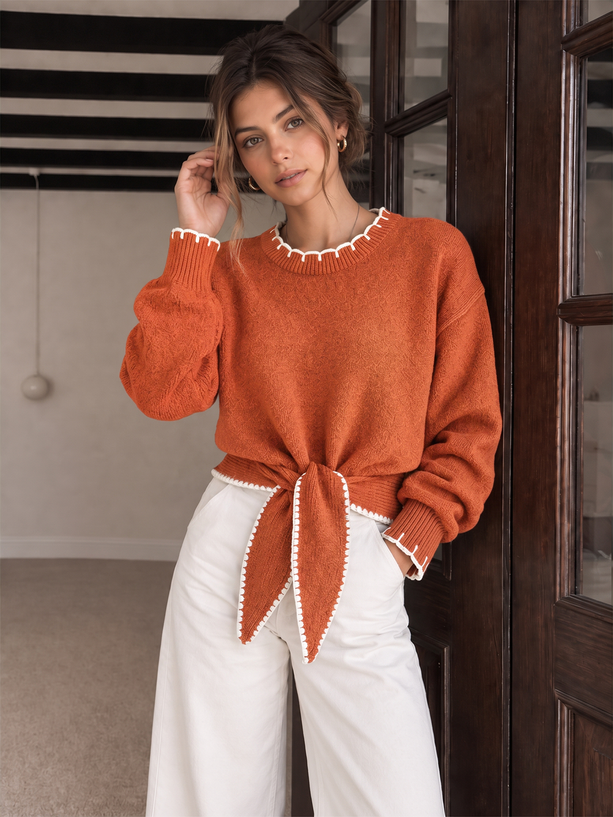 Contrast Trim Tie-Front Cropped Knit Sweater