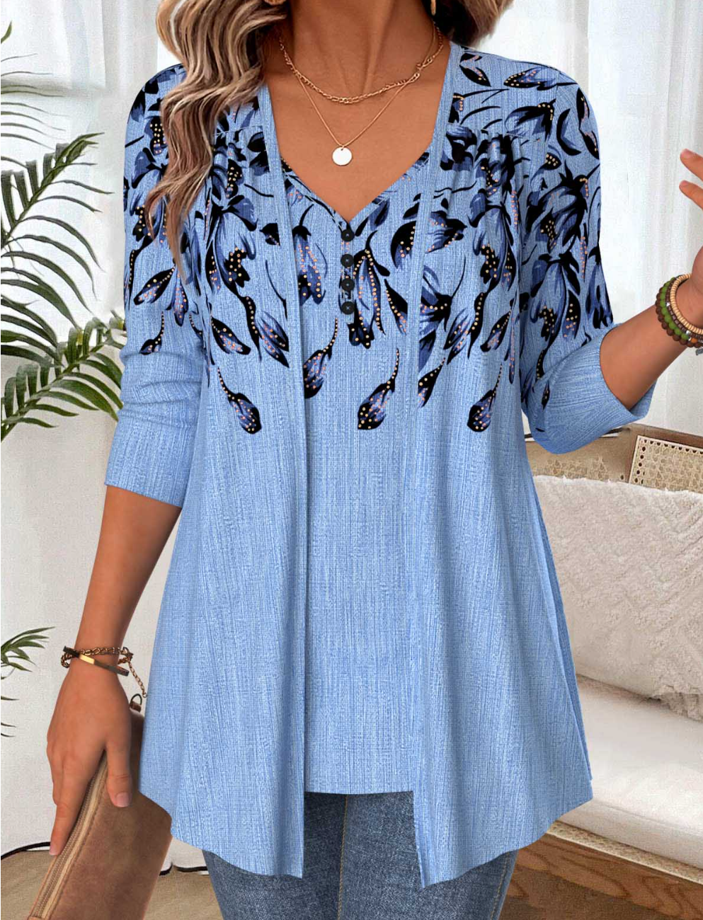 Floral Print Fake Two Piece Twinset