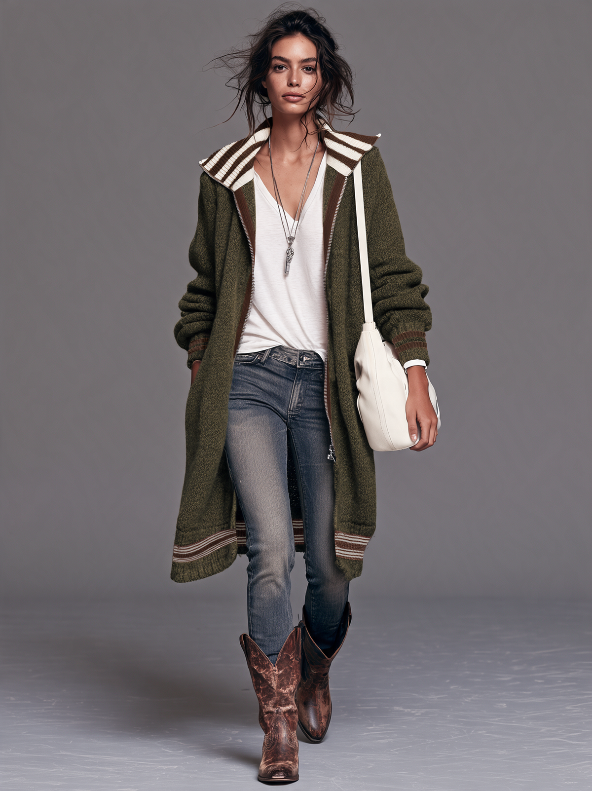 Women's Vintage Color-Block Striped Zip-Up Mid-Length Cardigan