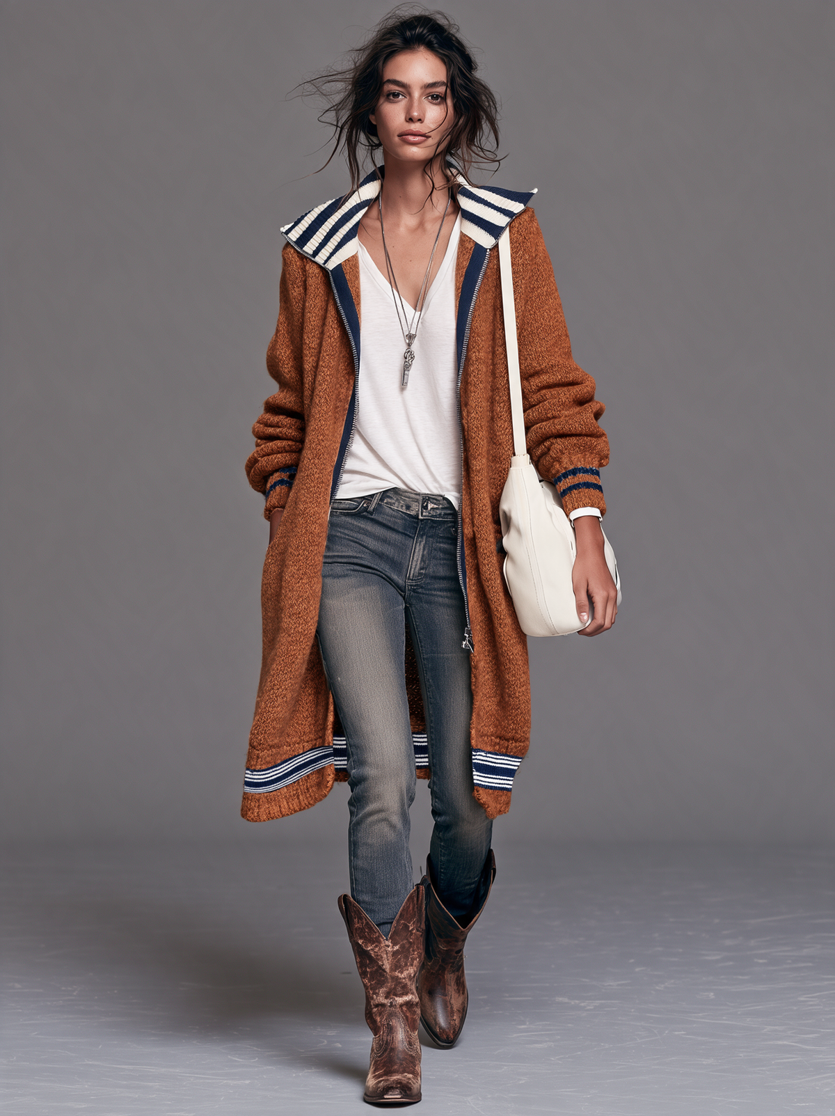 Women's Vintage Color-Block Striped Zip-Up Mid-Length Cardigan