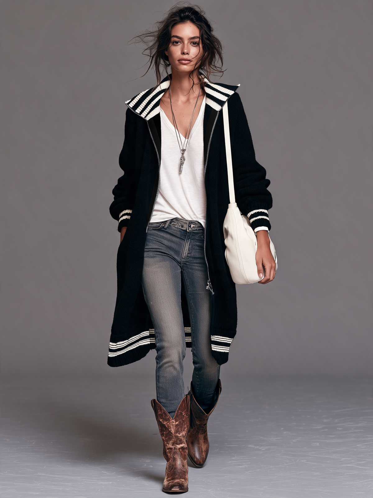 Women's Vintage Color-Block Striped Zip-Up Mid-Length Cardigan