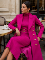 Double-Breasted Maxi Coat And Belted Knit Midi Dress Set