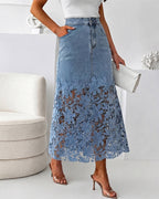 Celeste™ Lace Denim Maxi Skirt ⭐ High Waisted Jean Skirt French-Style
