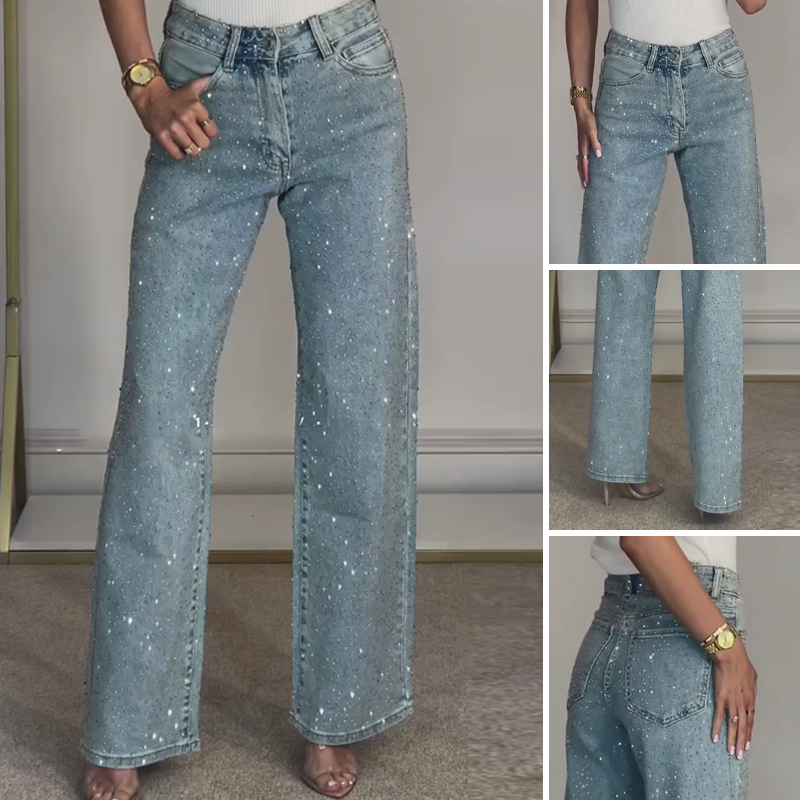 Rhinestone-Embellished Straight-Leg Jeans