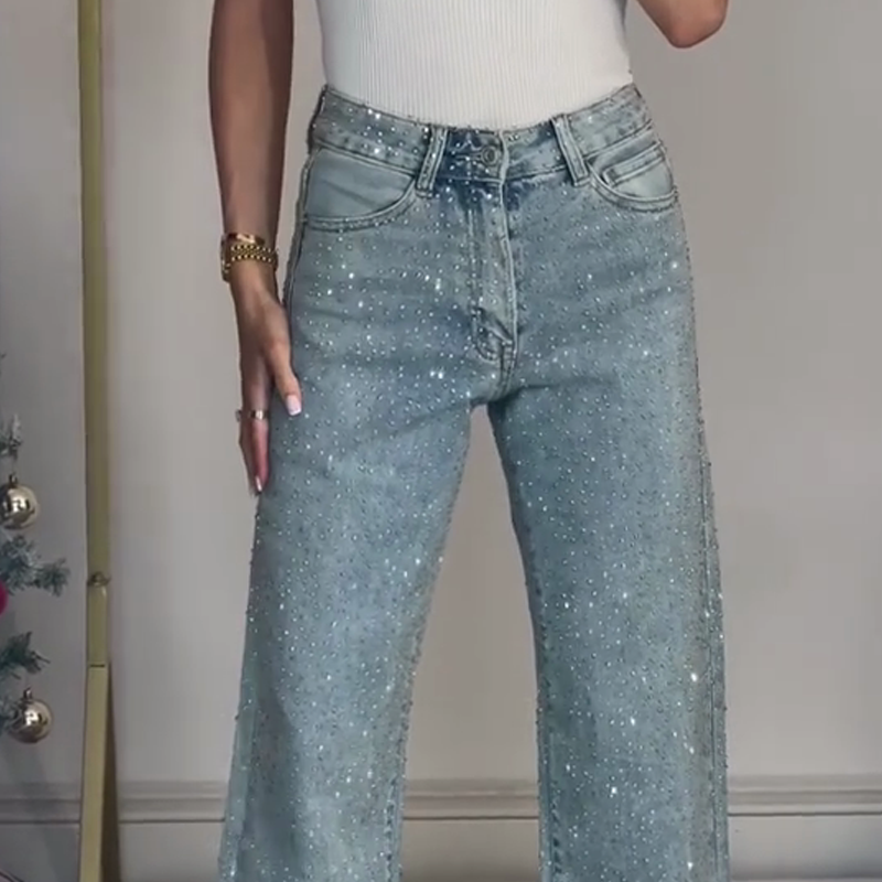 Rhinestone-Embellished Straight-Leg Jeans