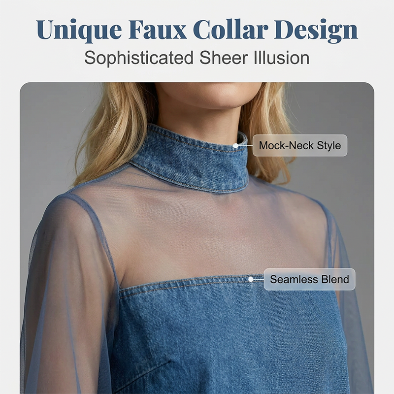 Denim Dress with Lantern Sleeves and a Mock Neck