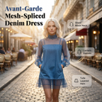 Denim Dress with Lantern Sleeves and a Mock Neck