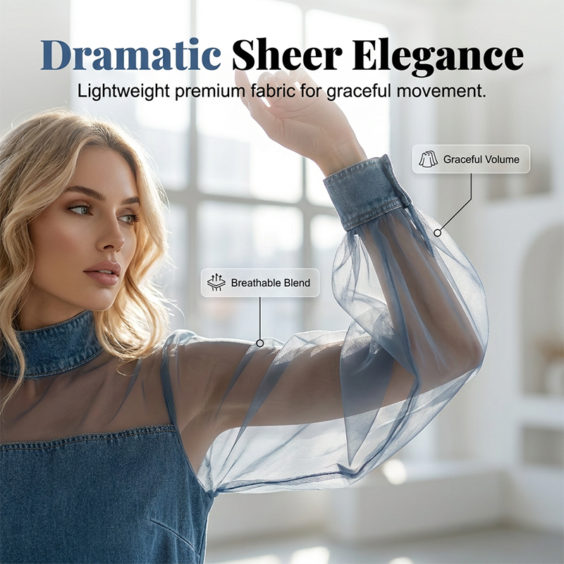 Denim Dress with Lantern Sleeves and a Mock Neck