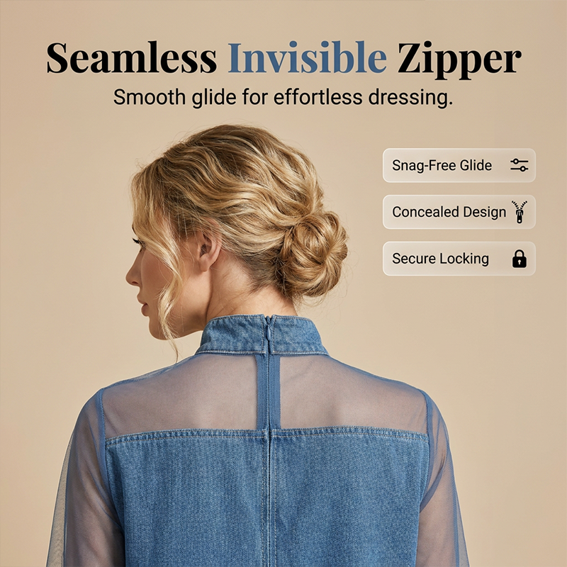 Denim Dress with Lantern Sleeves and a Mock Neck