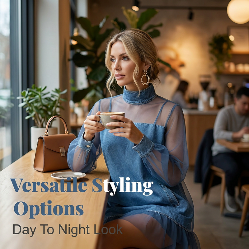 Denim Dress with Lantern Sleeves and a Mock Neck
