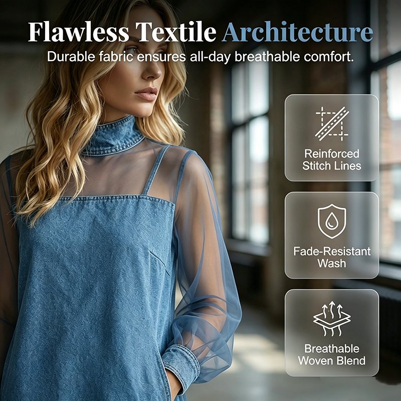 Denim Dress with Lantern Sleeves and a Mock Neck