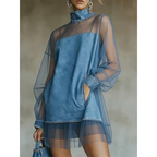 Denim Dress with Lantern Sleeves and a Mock Neck