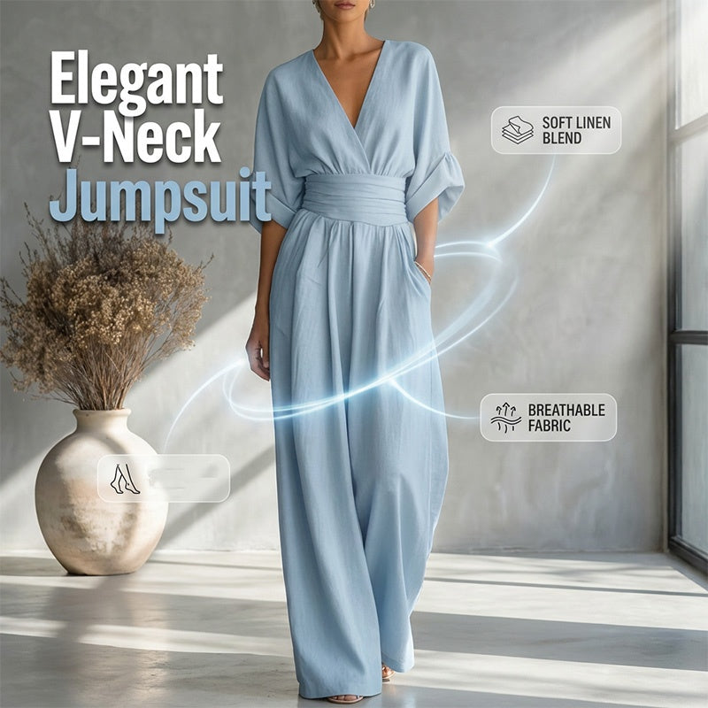 Women's Loose-Fit High-Waisted Jumpsuit with a V-Neck
