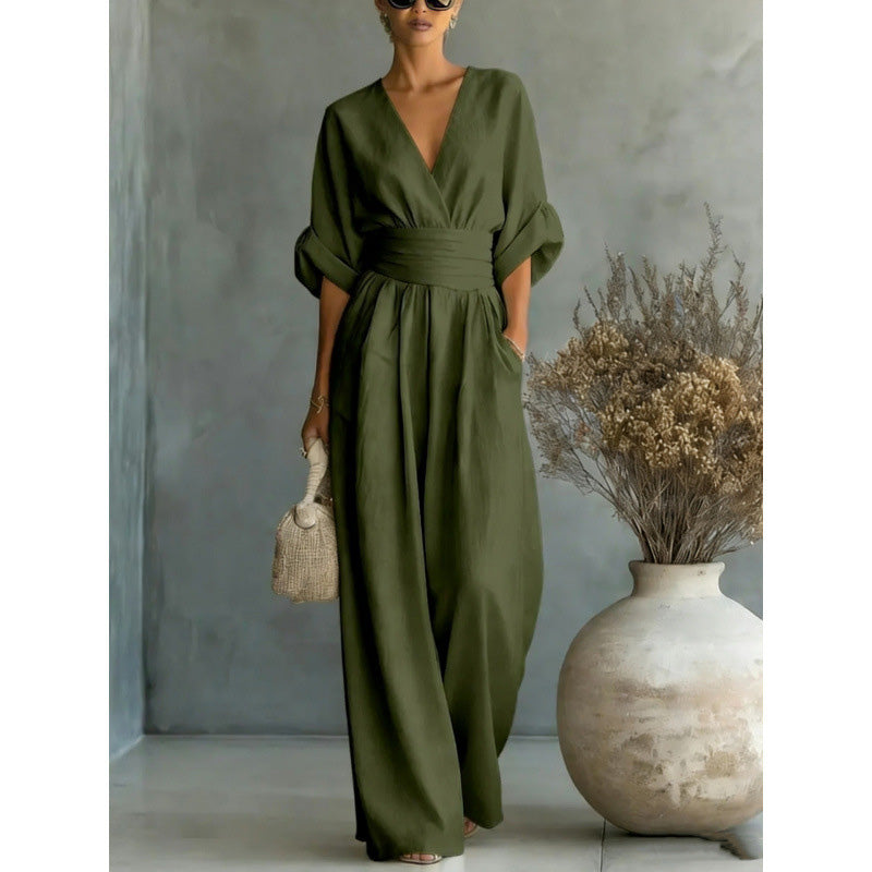 Women's Loose-Fit High-Waisted Jumpsuit with a V-Neck