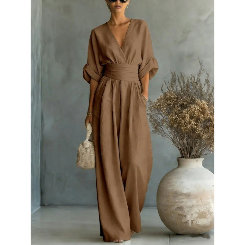 Women's Loose-Fit High-Waisted Jumpsuit with a V-Neck