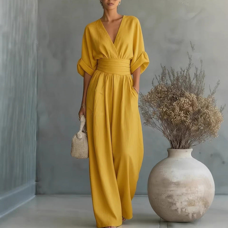Women's Loose-Fit High-Waisted Jumpsuit with a V-Neck