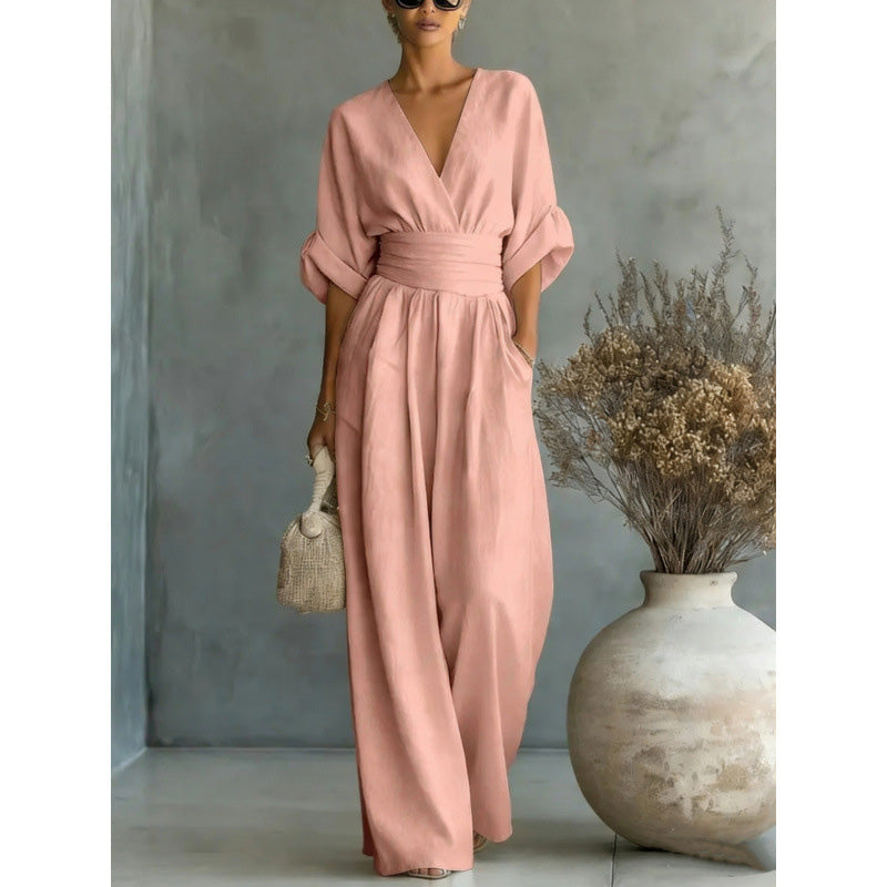 Women's Loose-Fit High-Waisted Jumpsuit with a V-Neck